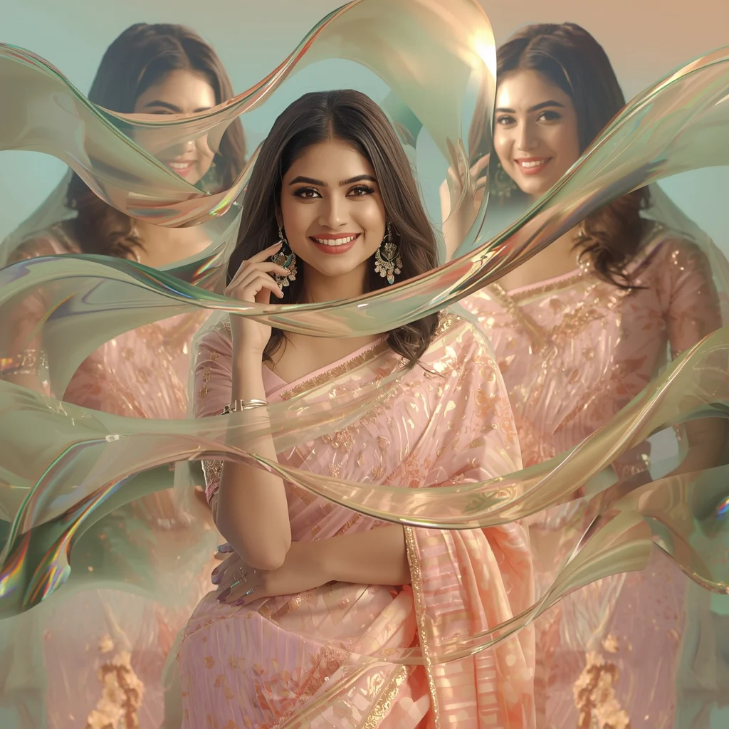 Festive Pastel Saree Reflective Glass Wave Layers Collage Luxury Cinematic | Saree Girl Dp Ai Prompt Ultra Hd