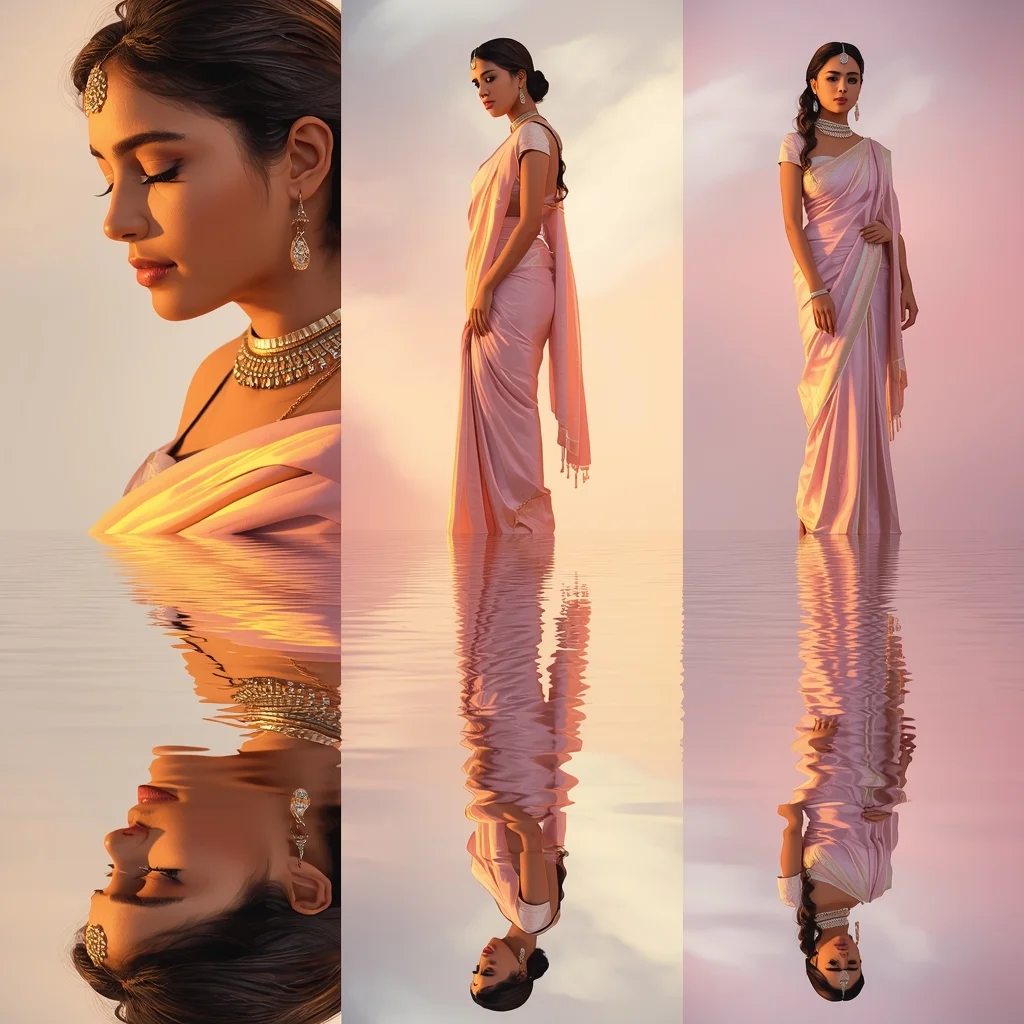 Festive Pastel Saree Reflective Glow Floor Collage Premium Luxury Aesthetic | Saree Prompt Copy Paste