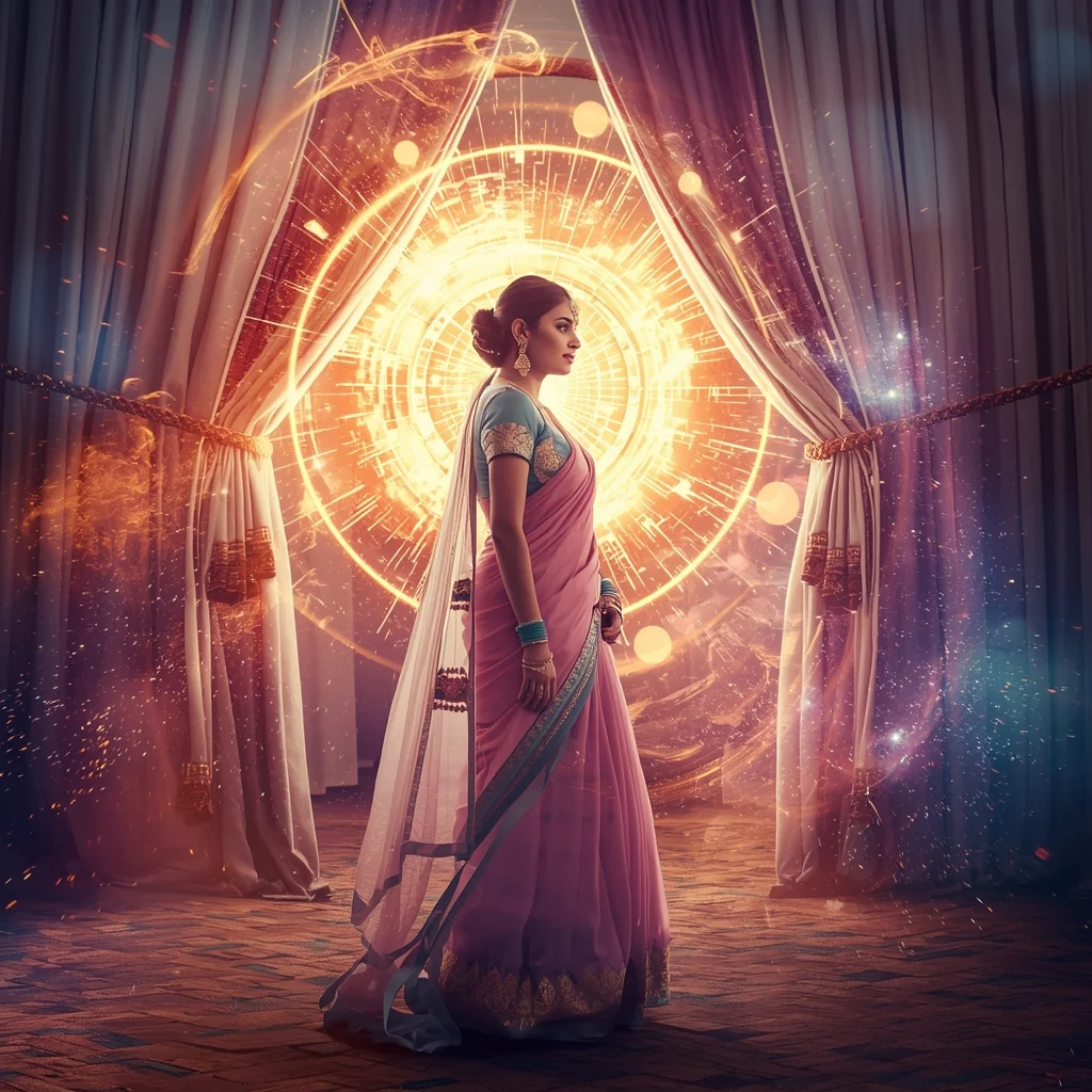 Festive Pastel Saree Royal Magnetic Curtain Cosmic Burst Collage | Grand Epic Prompt | Saree Prompt Text To Image