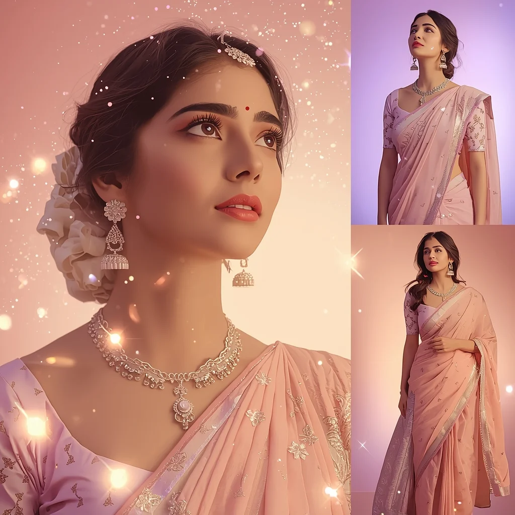 Festive Pastel Saree Stardust Collage | Indian Girl Celestial Glow Aesthetic Soft Cinematic Viral Prompt | Saree Aesthetic Ai Prompt For Pinterest