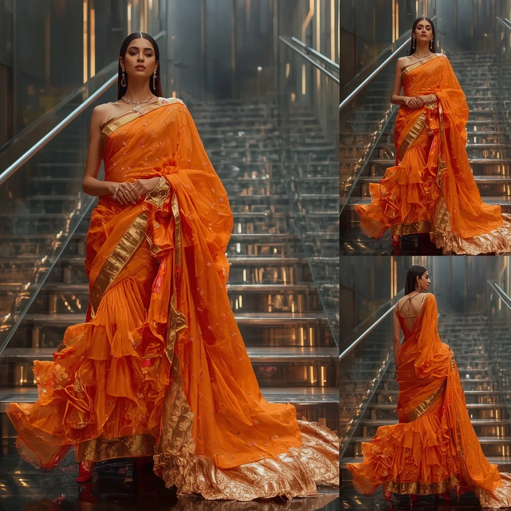 Fire Prism Saree with Infinity Glass Staircase | Ideogram Ai Prompt
