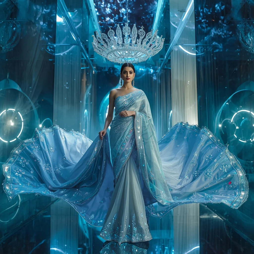 Floating Crystal Aqua Crown Saree with Celestial Ocean Reflection Cathedral | Viral Prompt