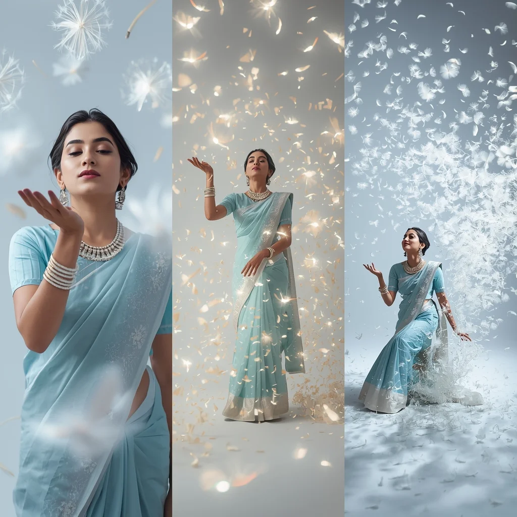 Floating White Dandelion Seeds Bright Daylight Fashion Photography Presentation | Saree Couple Ai Prompt