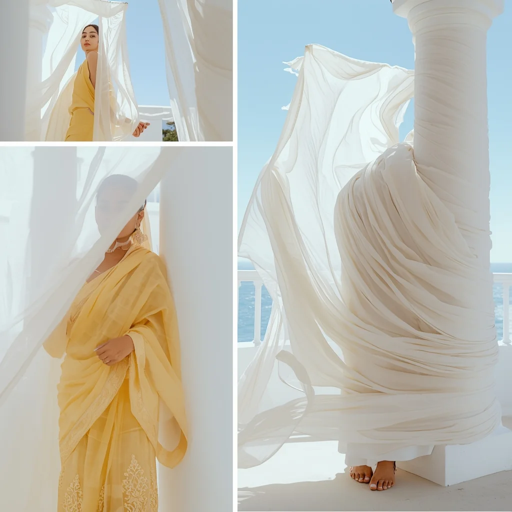 Flowing White Sheer Curtain Coastal Bright Morning Fashion Editorial | Prompt For Gemini Saree