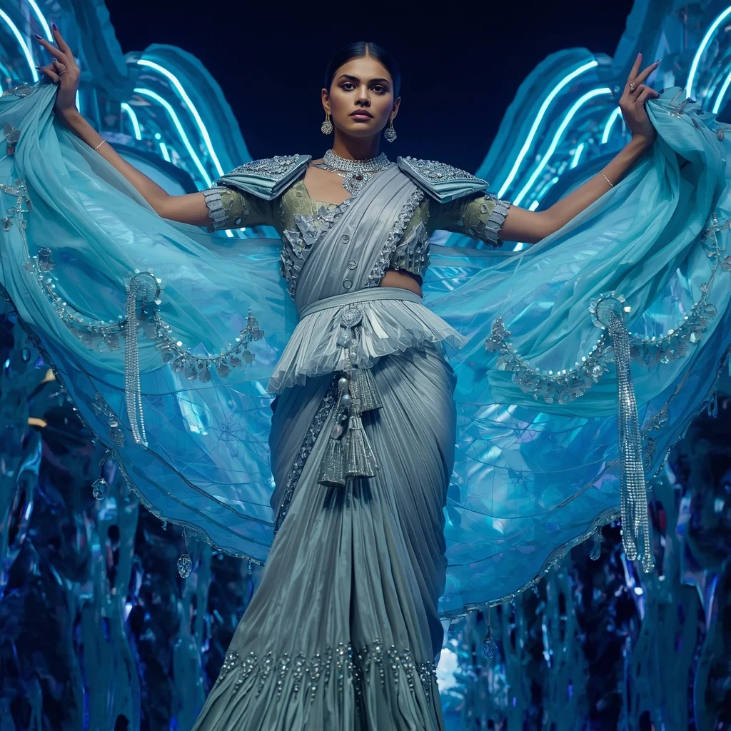 Frozen Diamond Aurora Saree with Neon Wave Fortress | Free Ai Prompt