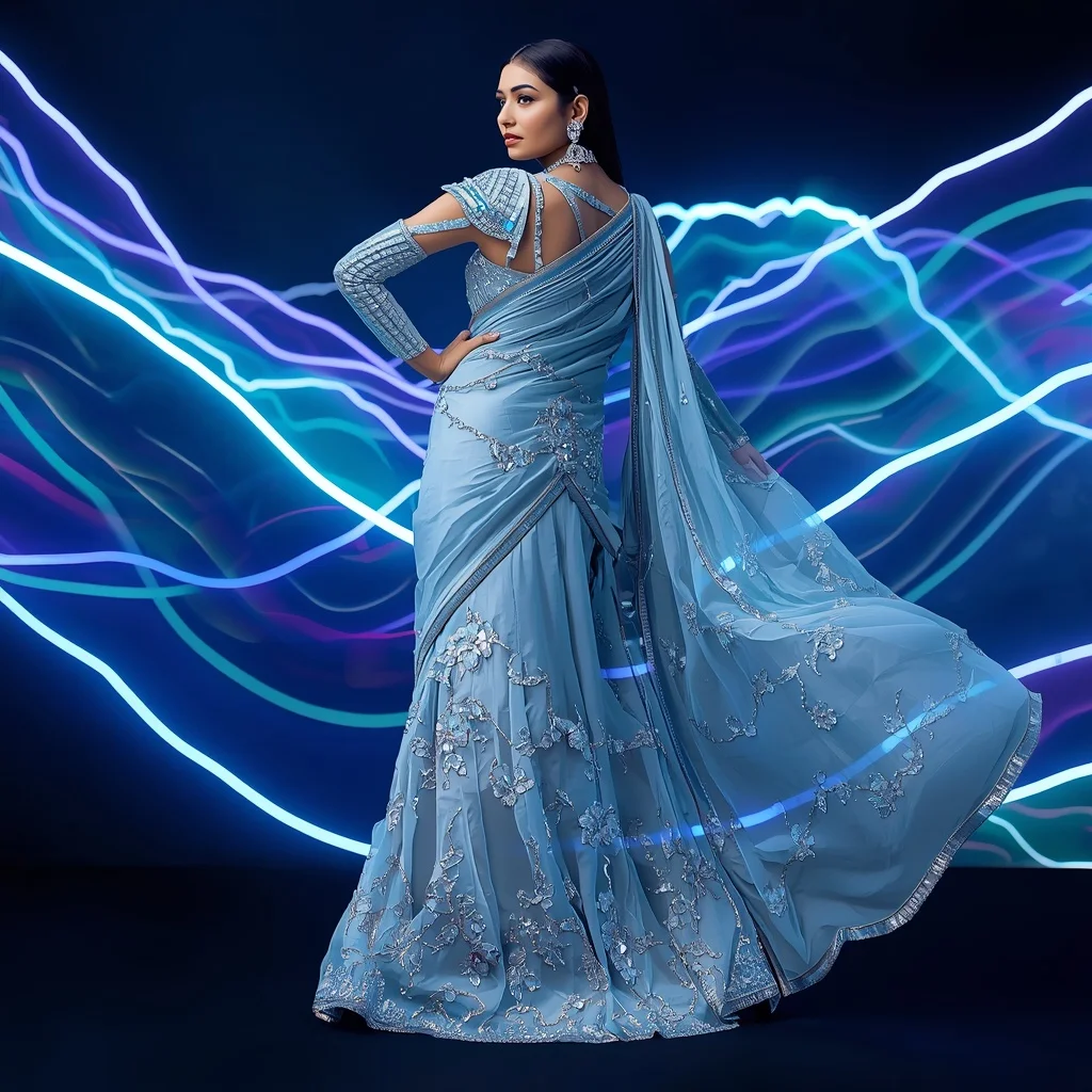 Frozen Diamond Aurora Saree with Neon Wave Kingdom | Saree Prompt For Women