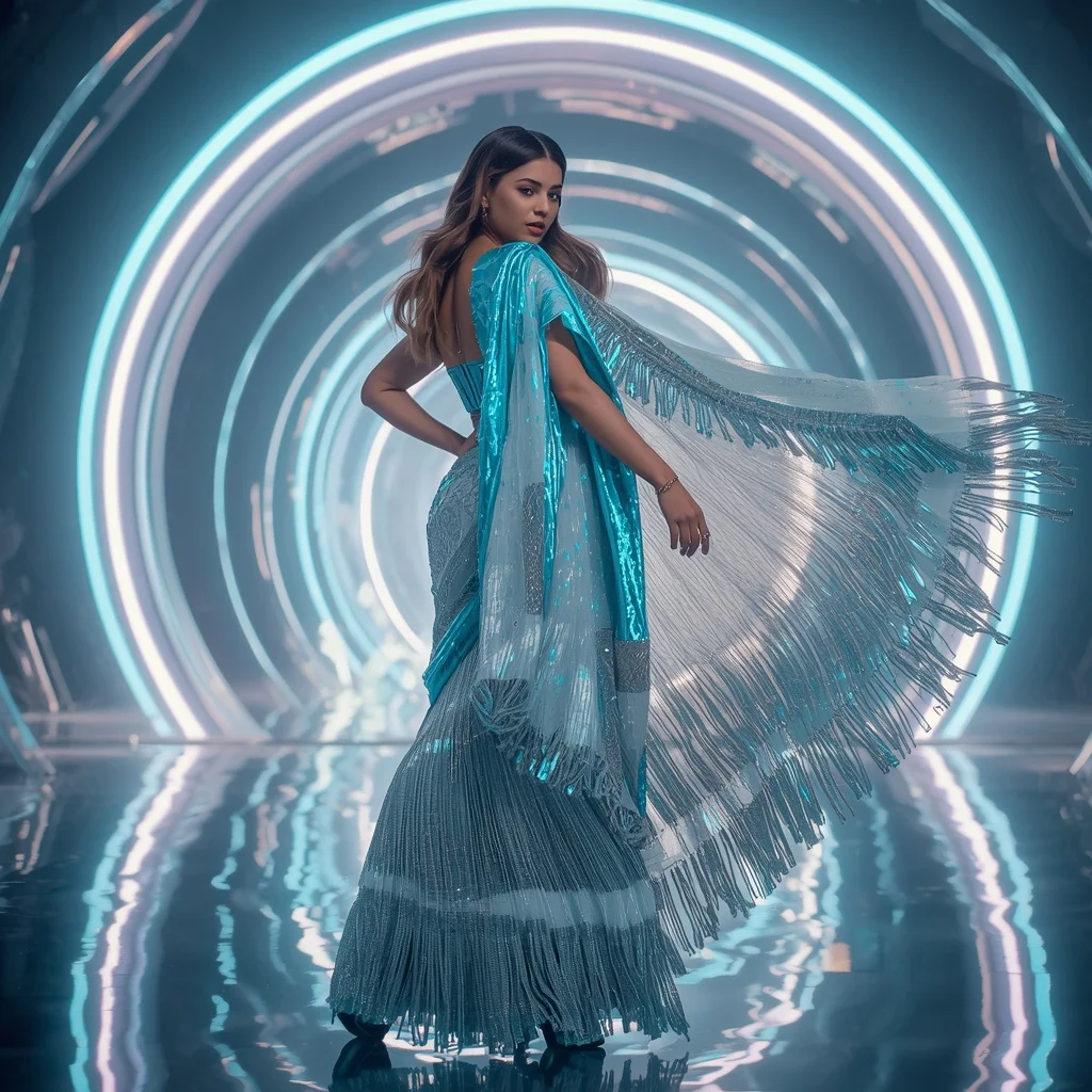 Frozen Moon Prism Saree with Floating Neon Infinity Rings | Prompt For Saree Look For Girl