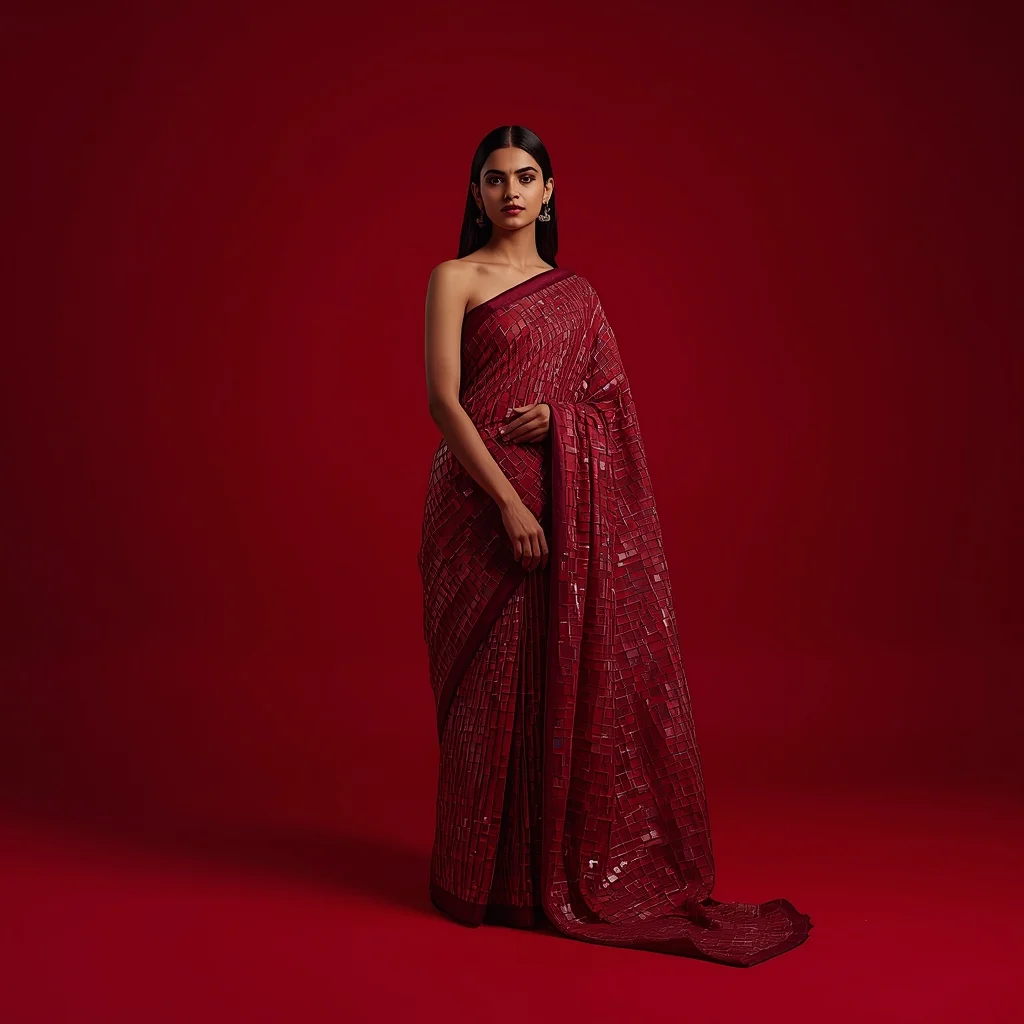 Full Body Deep Ruby Studio Regal Stance with Stained Glass Resin Mosaic Saree | Prompt For Gemini Girl Attitude