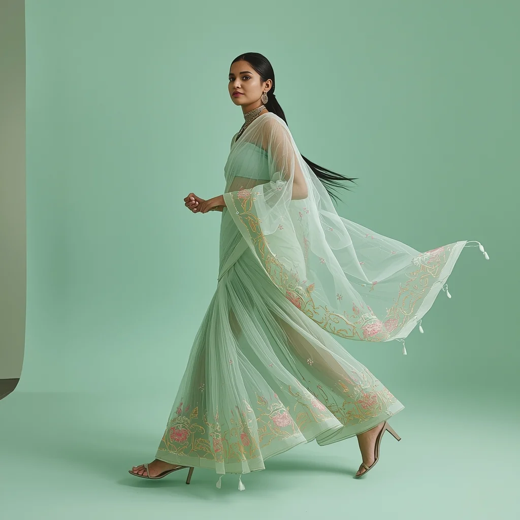 Full Body Frosted Mint Studio Power Walk with Cyber-Botanic Organza Fancy Saree | Prompt For Traditional Look For Girl Chatgpt