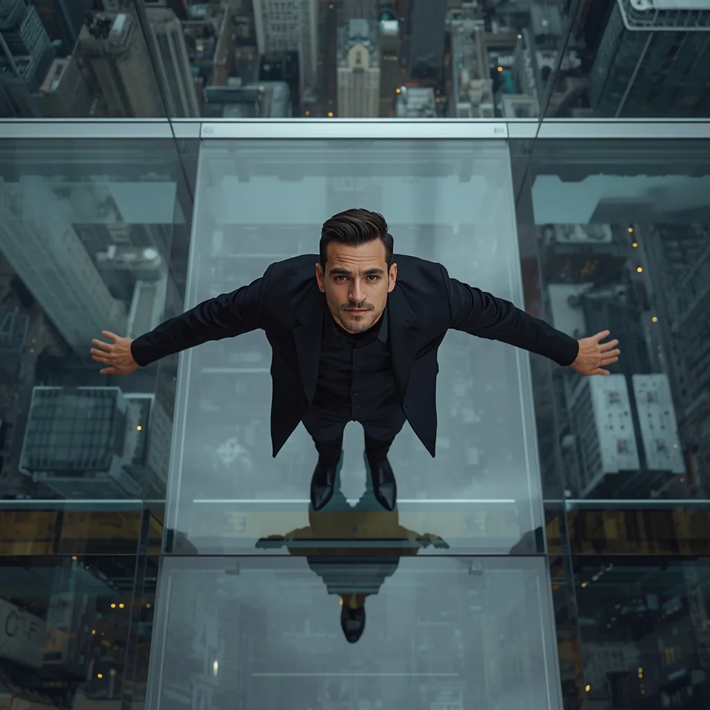 Full Body Glass Floor Stand Pose with Fearless Vertical Drop Perspective | Ai Photo Prompt