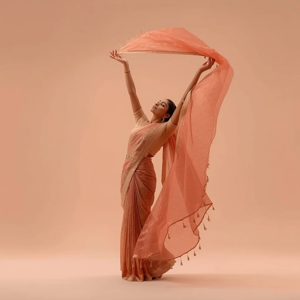 Full Body Soft Peach Studio Catching Pallu with Quantum Memory-Mesh Saree | New Instagram Trending Photo Editing Prompt