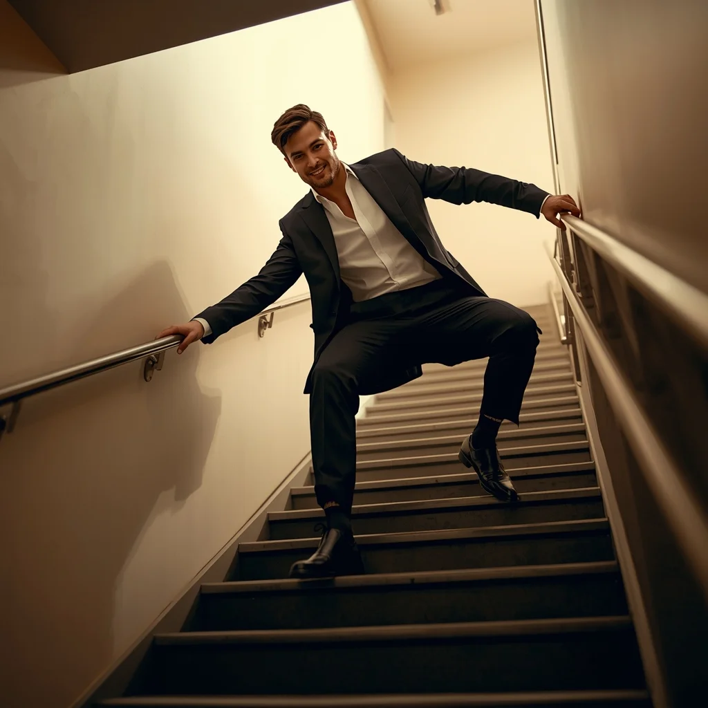 Full Body Stair Rail Slide Pose with Playful Rebel Energy | Gemini Photo Prompt