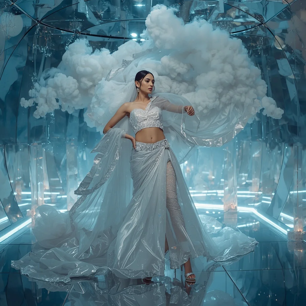 Futuristic Diamond Smoke Saree with Floating Prism Reflection Palace | Gemini Ai Prompt For Instagram