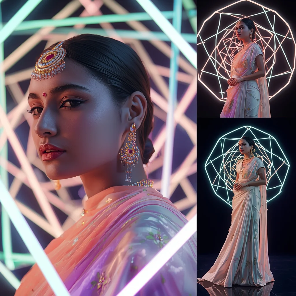 Futuristic Indian Saree Look With Levitating Geometric Glowing Pastel Mandalas | Cinematic Saree Ai Prompt