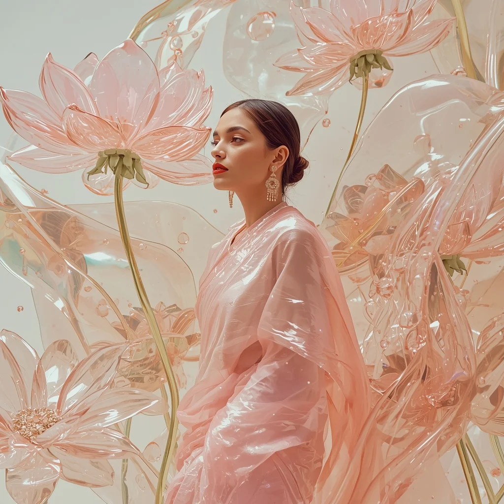 Futuristic Pastel Saree Portrait Surrounded By Levitating Liquid Glass Flowers | Saree Reel Ai Prompt