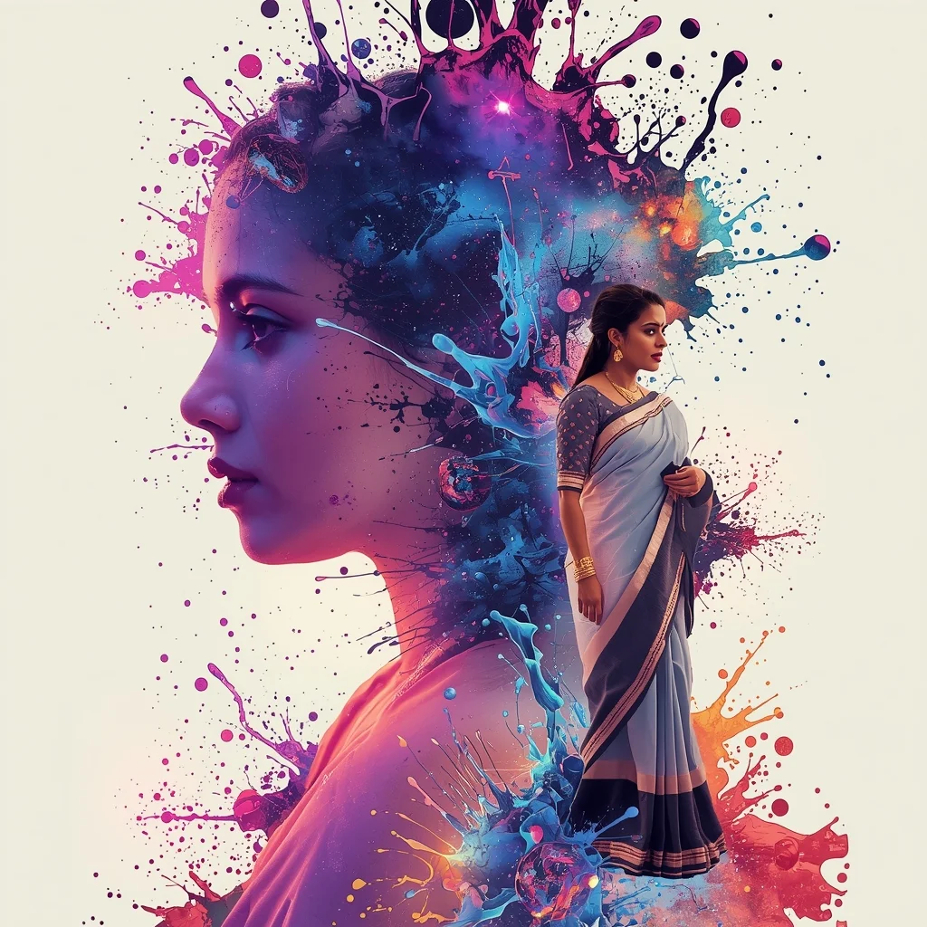 Galaxy Ink Splash Saree Collage | Artistic Cosmic Flow Prompt | Saree Whatsapp Dp Ai Prompt