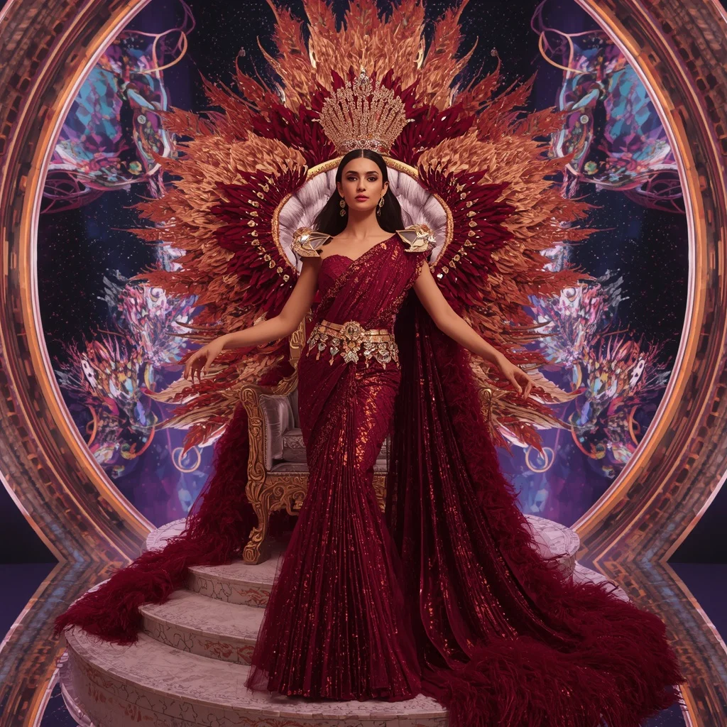Garnet Solar Crown Saree with Prism Ribbon Celestial Throne | Image Prompt