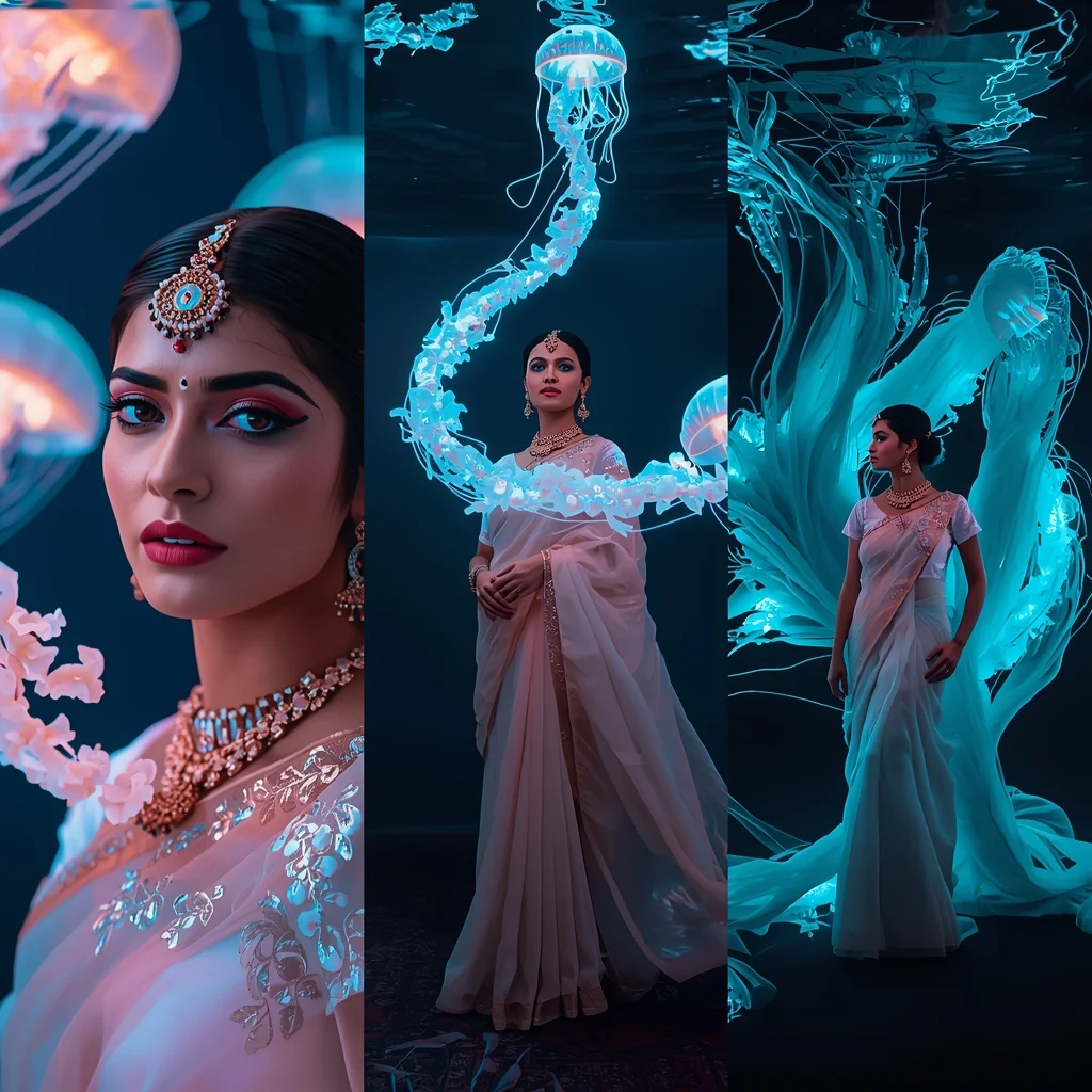 Giant Bioluminescent Jellyfish Deep Sea Saree Cinematic Triptych | Saree Prompt For Gemini