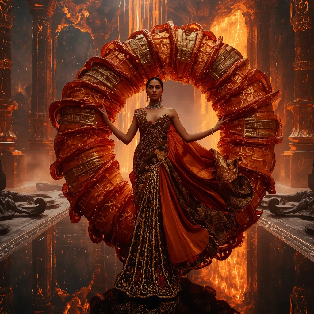 Giant Metallic Ember Spiral Saree with Floating Lava Reflection Palace | Village Girl Ai Prompt