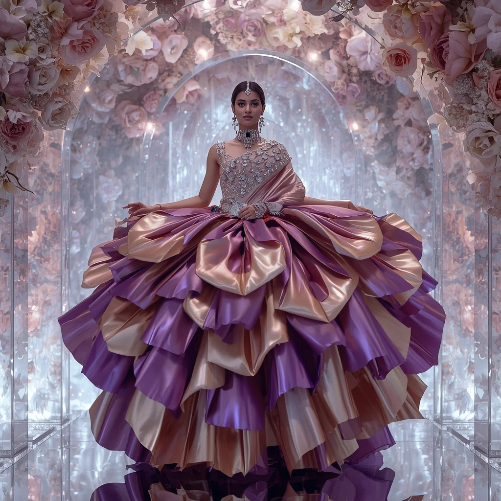 Giant Metallic Iris Bloom Saree with Floating Floral Crystal Fortress | Coquette Aesthetic Girl Prompt