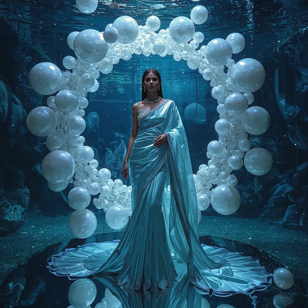 Giant Metallic Pearl Orbit Saree with Floating Ocean Dream Universe | Polaroid Girl Ai Prompt