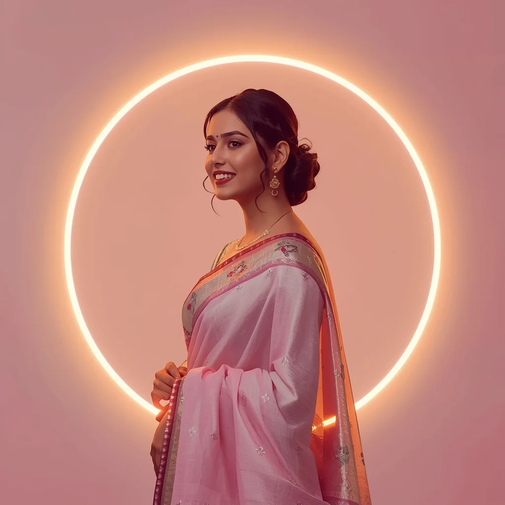 Glass Pulse Halo Wave Pastel Saree Indian Woman Premium Composition | Saree Prompt Text To Image