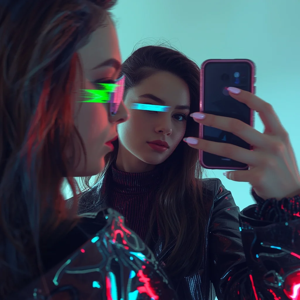 Glitch Effect Mirror Selfie Digital Distortion Cyber Aesthetic Viral AI Art Style | Ai Gemini Prompt