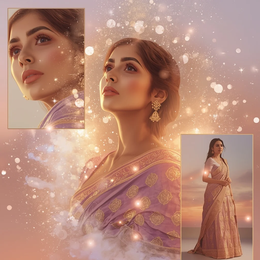 Glowing Stardust Particle Pastel Saree Dream Collage | Saree Whatsapp Dp Ai Prompt