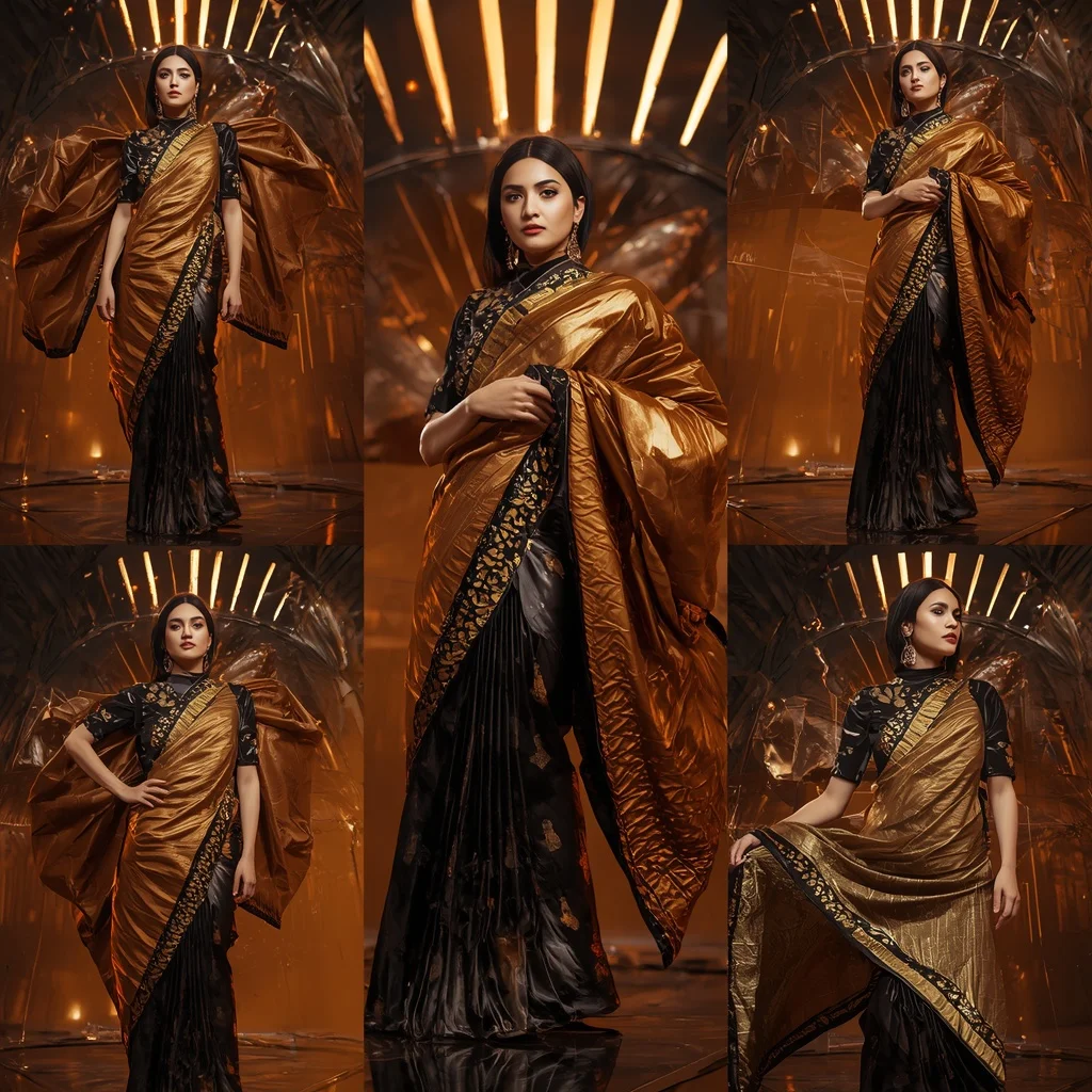 Golden Eclipse Festival Saree with Floating Laser Dome | Indian Girl Ai Prompt