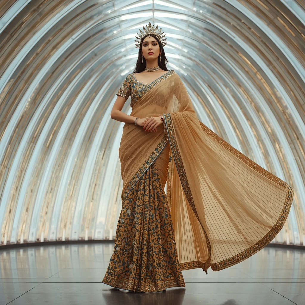 Golden Falcon Crown Saree with Sky Prism Infinity Atrium | Anime Ai Prompt