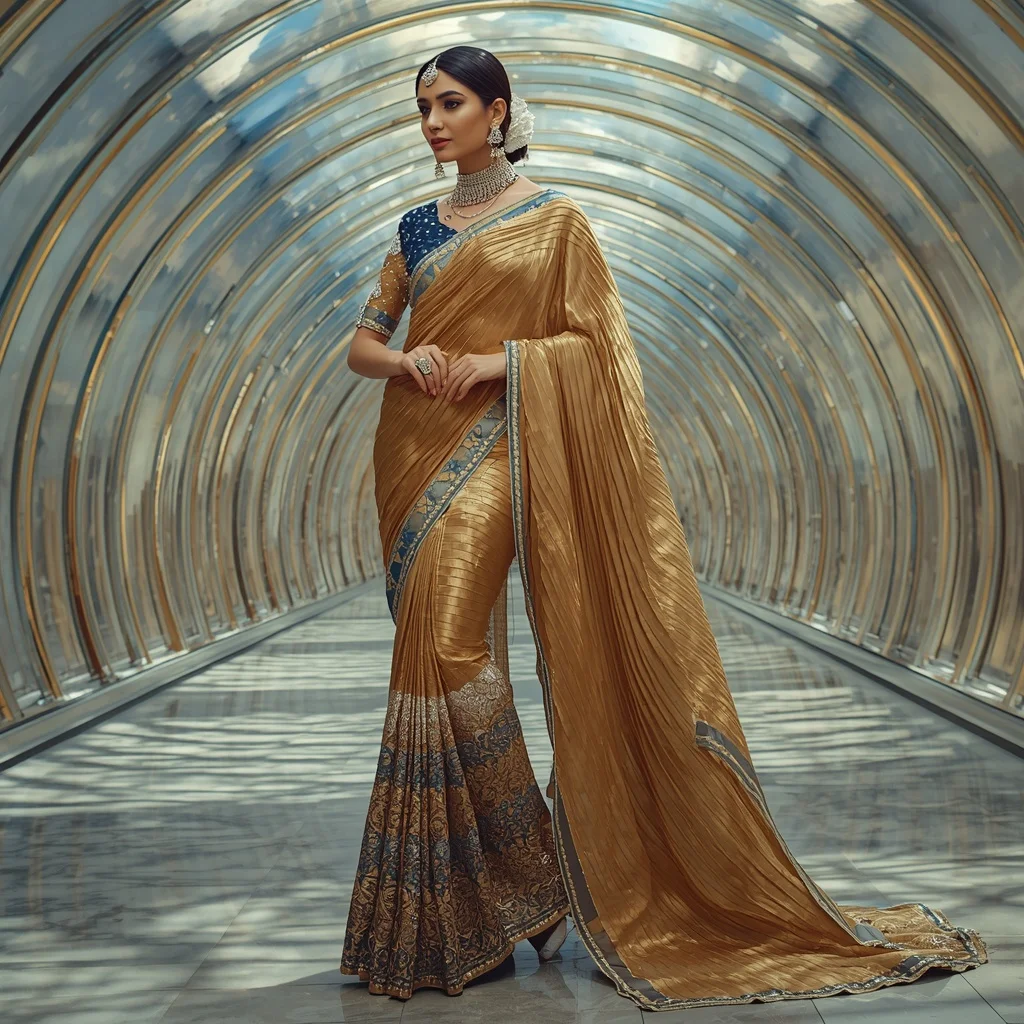 Golden Falcon Dynasty Saree with Sky Prism Helix Atrium | Gemini Prompt
