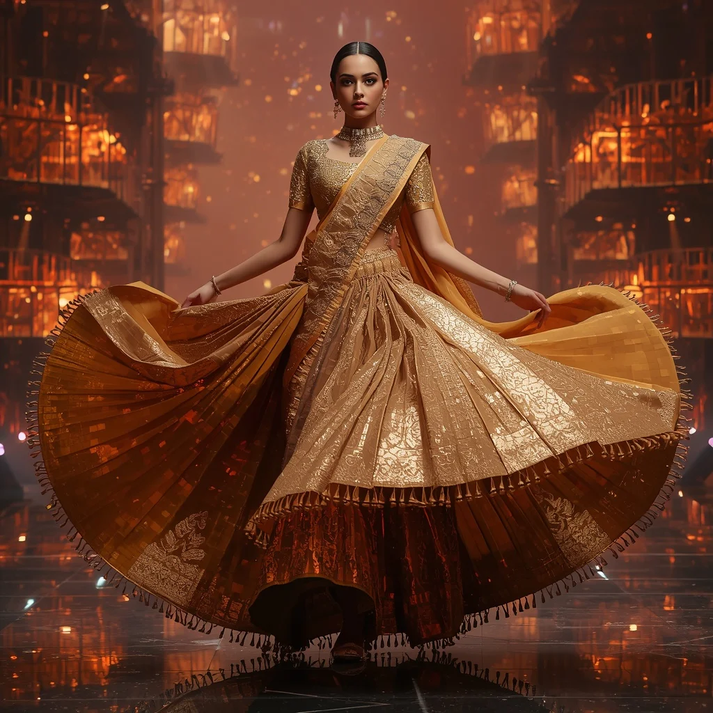 Golden Flame Mirage Royale Saree with Floating Holographic Skywalks | Instagram Model Ai Prompt