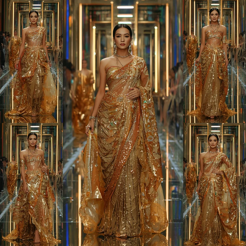 Golden Halo Saree with Infinity Reflective Crystal Empire Hall | Chatgpt Prompt