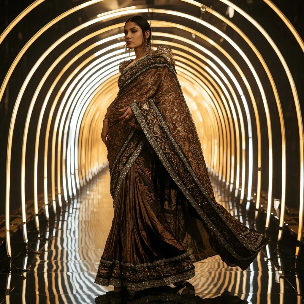 Golden Obsidian Mirror Saree with Curved Laser Corridor | Saree Look Ai Prompt