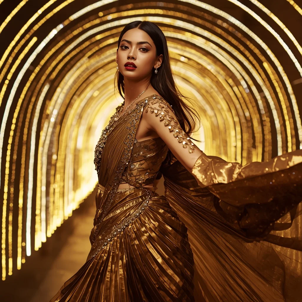 Golden Obsidian Mirror Saree with Curved Laser Sanctuary | Youtube Thumbnail Ai Prompt