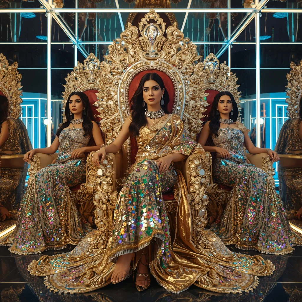 Golden Prism Celestial Infinity Goddess Saree with Luxury Throne Poses and Holographic Neon Quantum Hypercube | Desi Girl Ai Prompt