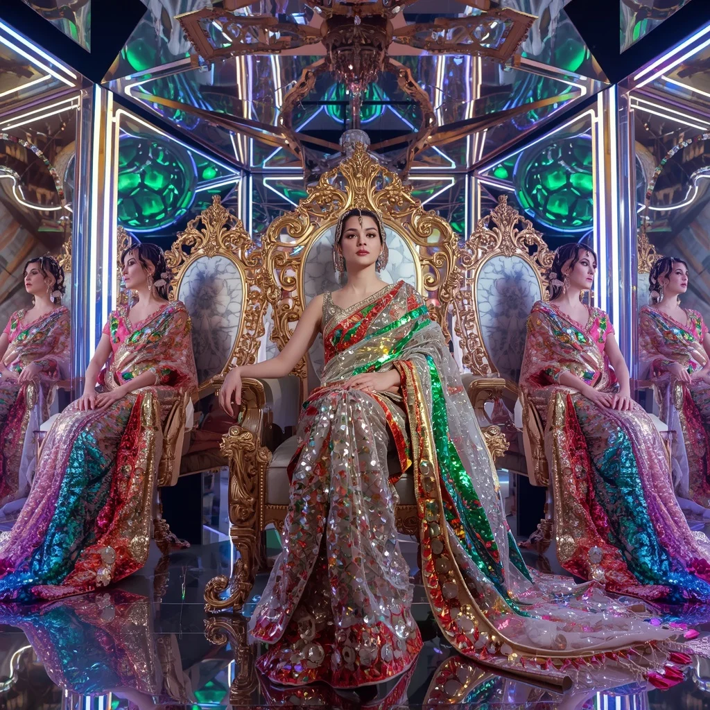 Golden Prism Celestial Infinity Hyperqueen Saree with Luxury Throne Poses and Holographic Neon Crystal Mirror Hypercube | Ultra Realistic Ai Prompt