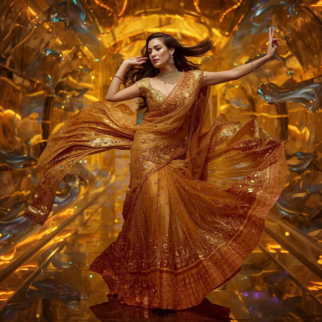Golden Thunder Royale Saree with Floating Infinity Waves | Haldi Ceremony Ai Prompt