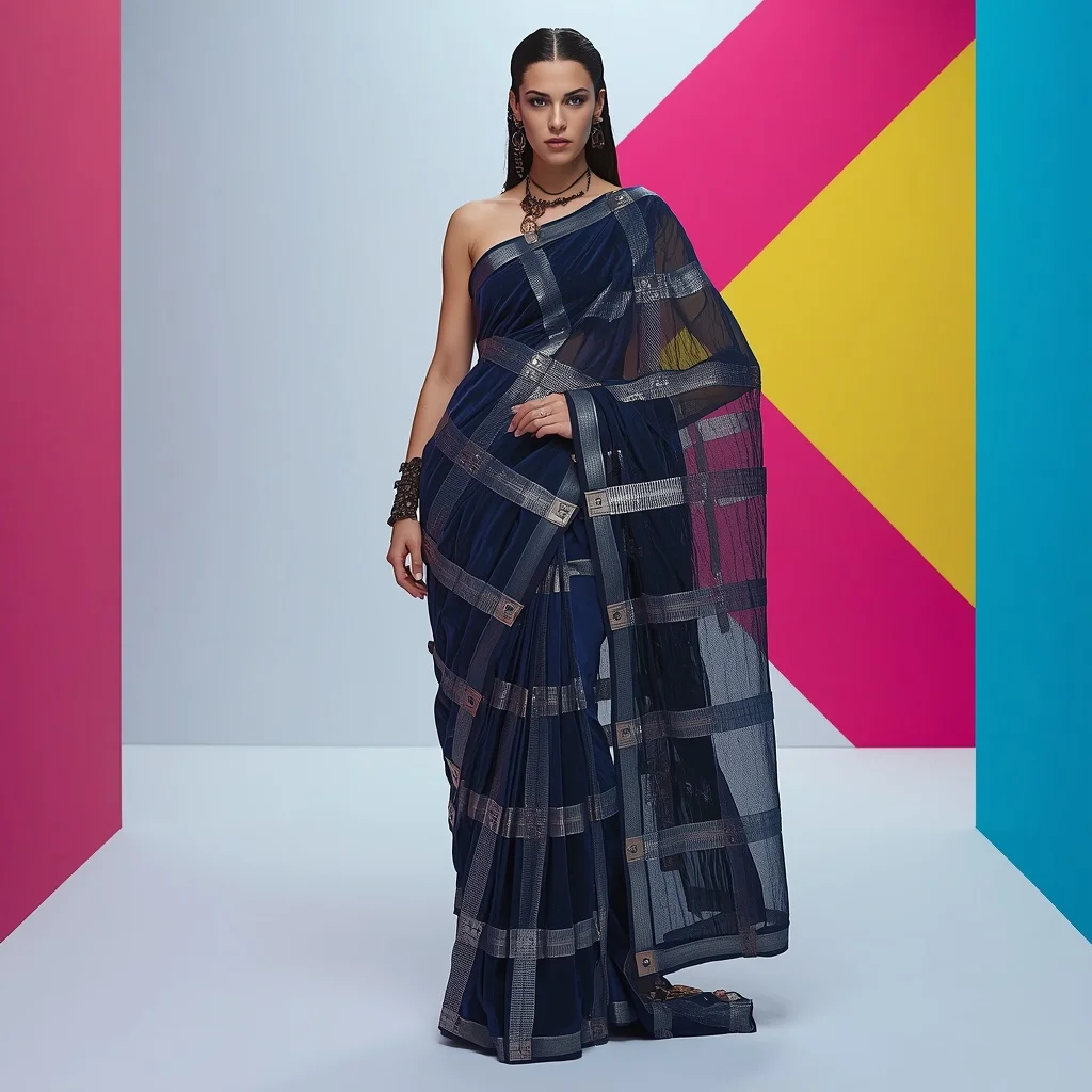 Heavy Velvet Caged in 3D Laser-Cut Steel Armor Saree Fierce Stance | Gemini Photo Prompt