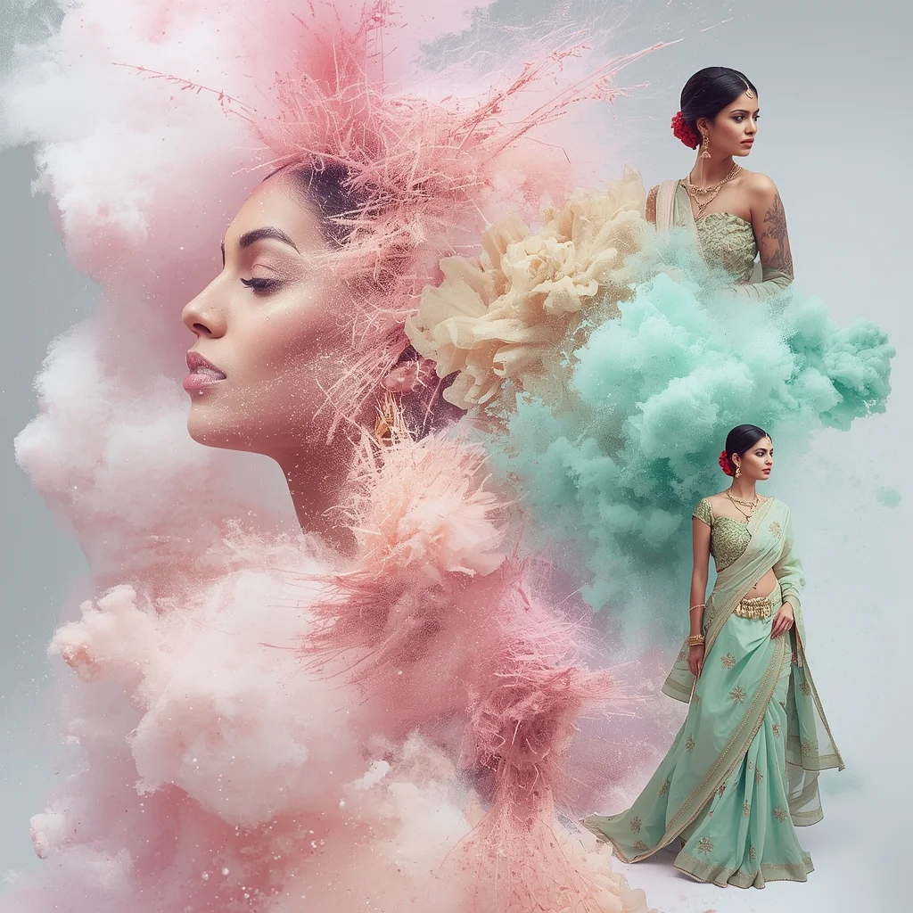 High Fashion Pastel Saree Look Inside A Frozen Color Powder Explosion | Saree Prompt Copy Paste