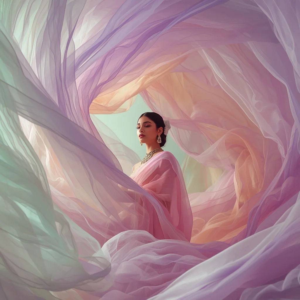 High Fashion Pastel Saree Look Surrounded By Sweeping Chiffon Fabric Waves | Aesthetic Ai Prompt