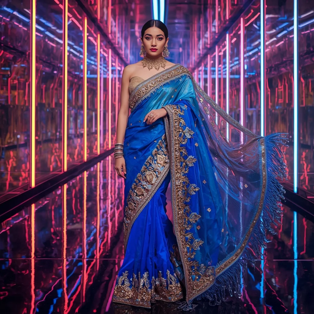 Holographic Royal Saree with Neon Infinity Palace | Influencer Ai Prompt