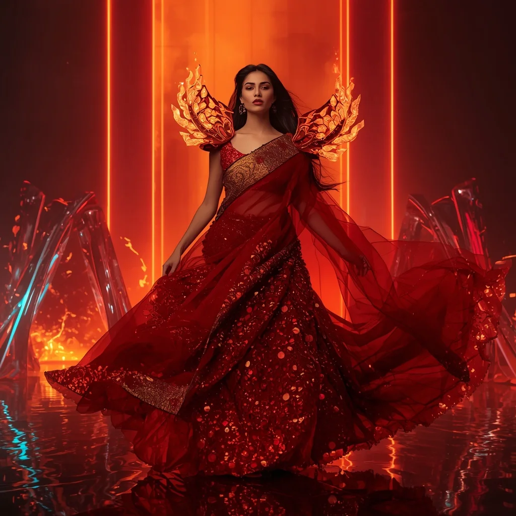 Inferno Crystal Empress Saree with Floating Neon Monoliths | Gemini Saree Prompt Photo