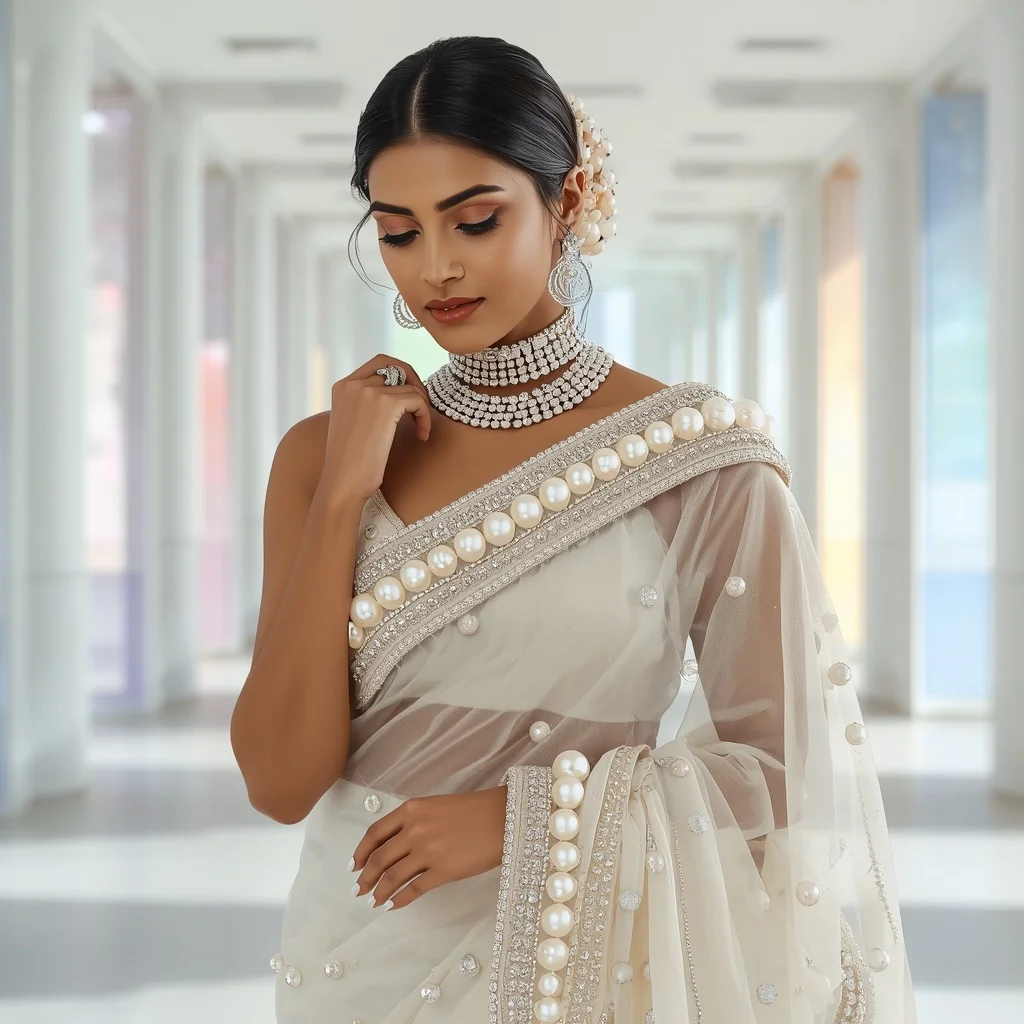Ivory Organza Saree with Giant 3D Pearl Detailing | Ideogram Ai Prompt