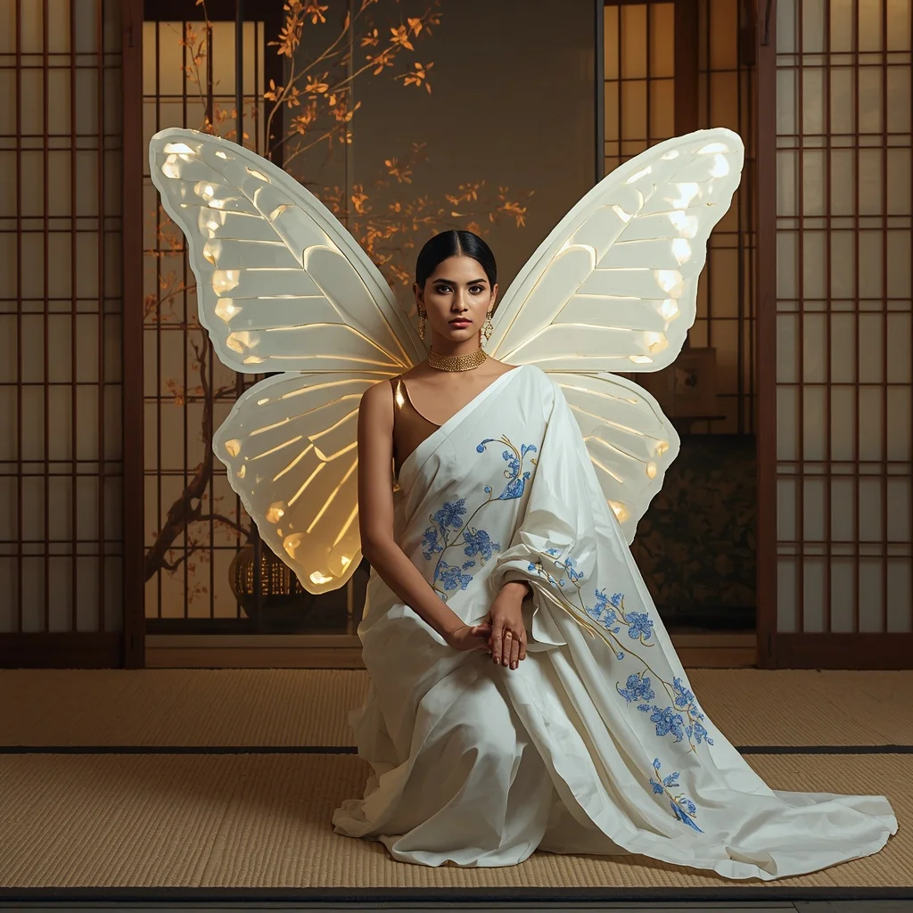Kintsugi Porcelain Butterfly Saree with Zen Garden Tea House Background | Gemini Ai Photo Prompt