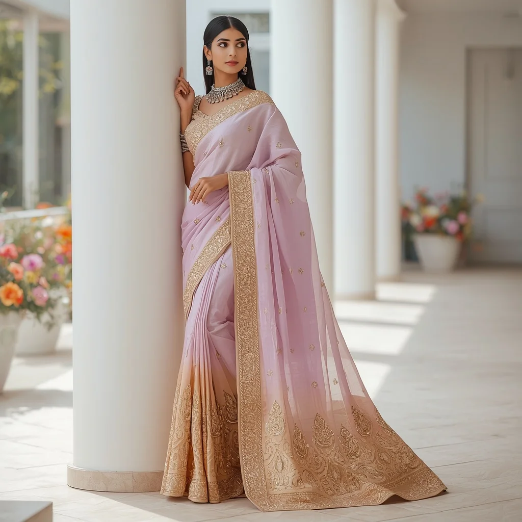 Lavender and Gold Ombre Heavy Zardosi Saree Pose | Anime Ai Prompt