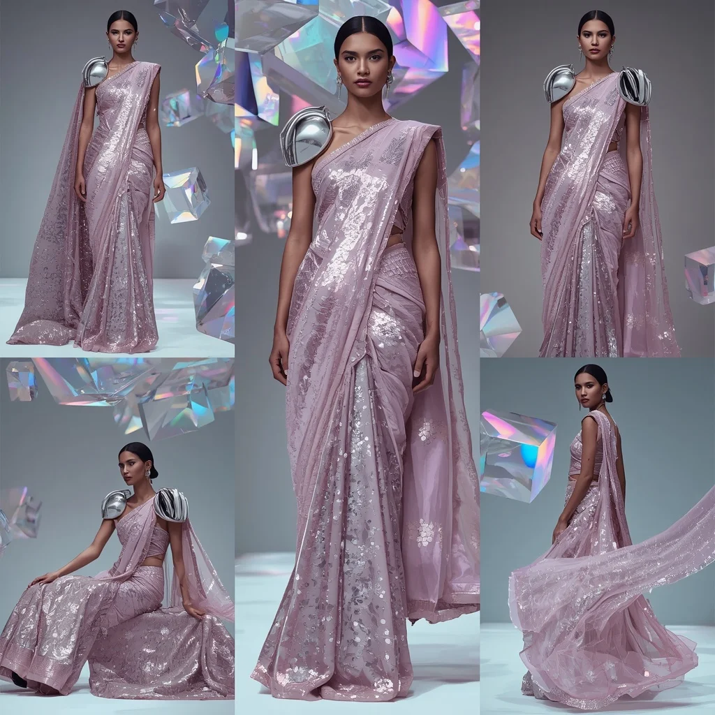 Lavender Prism Mirage Saree with Floating Glass Cubes | Instagram Model Ai Prompt
