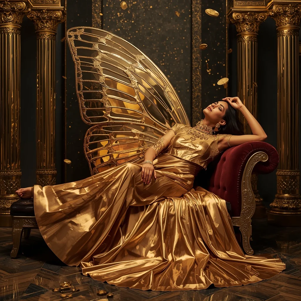 Liquid Aurum Butterfly Saree Couture with Midas Treasury Background | Ai Gemini Prompt