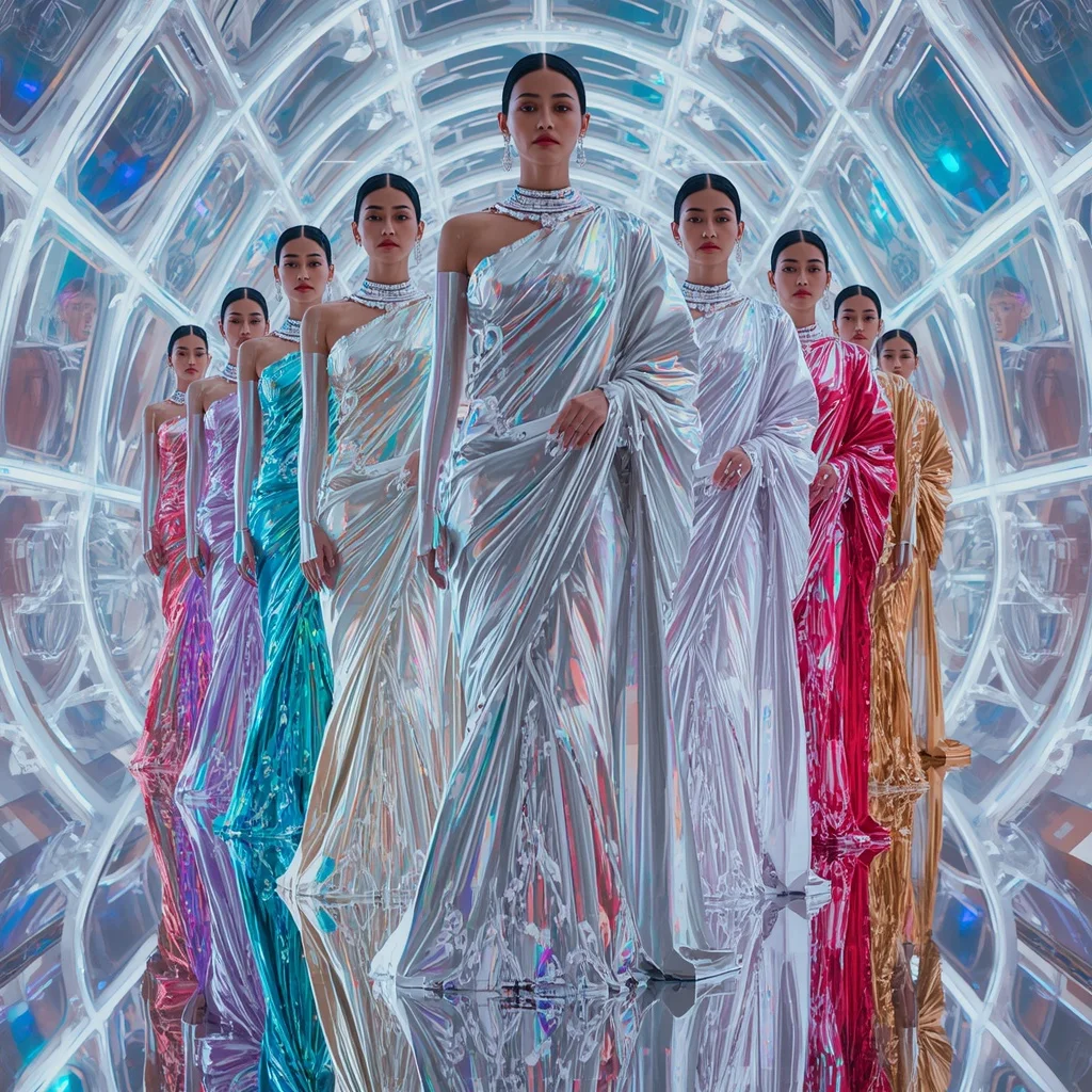 Liquid Silver Celestial Empress Saree with Reflective Fashion Silhouettes and Holographic Crystal Quantum Hyperverse | Gemini Photo Prompt