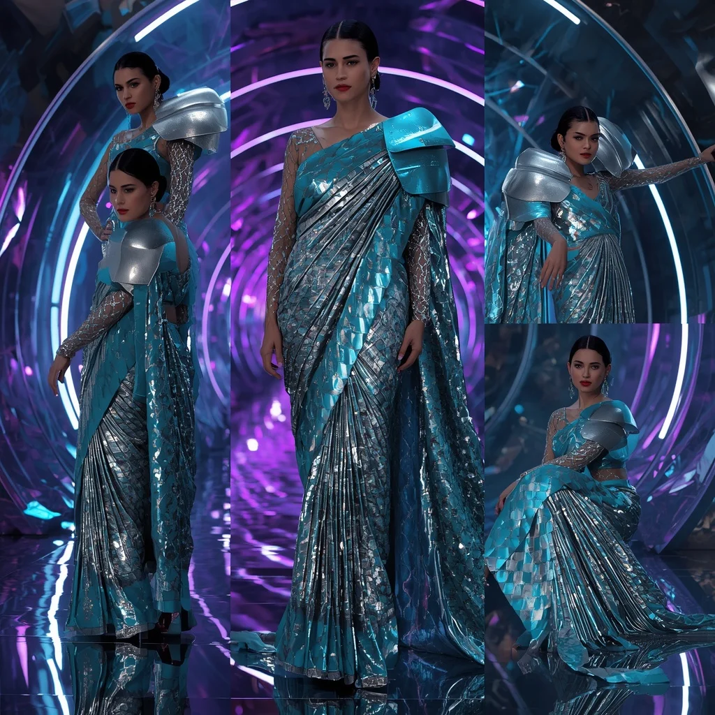 Liquid Titanium Royale Saree with Floating Aurora Corridor | Instagram Photography Ai Prompt